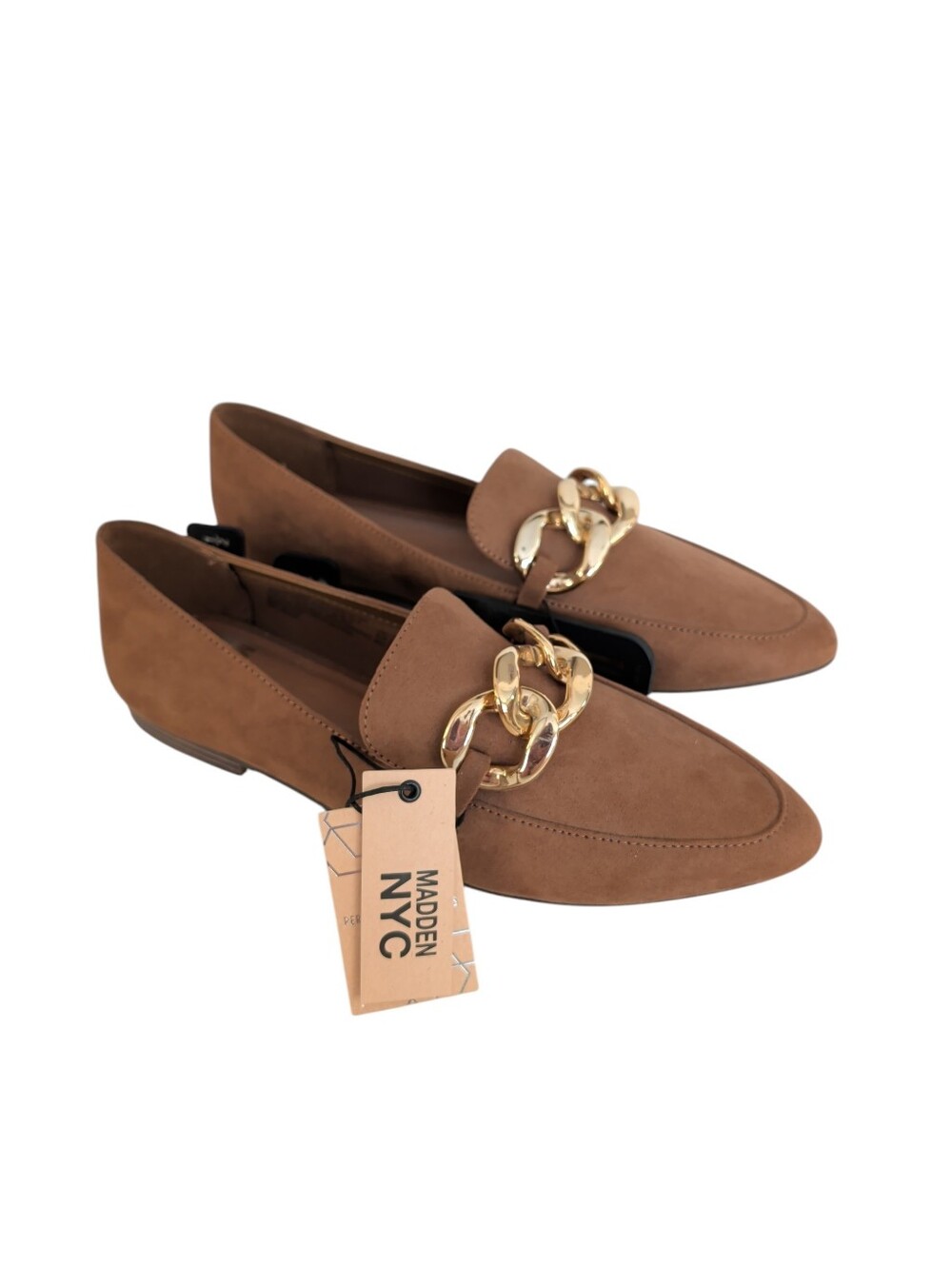 NWT Madden NYC Faux Suede Chain Accent Pointed Toe Loafer Flats 7.5 Cognac FLAW